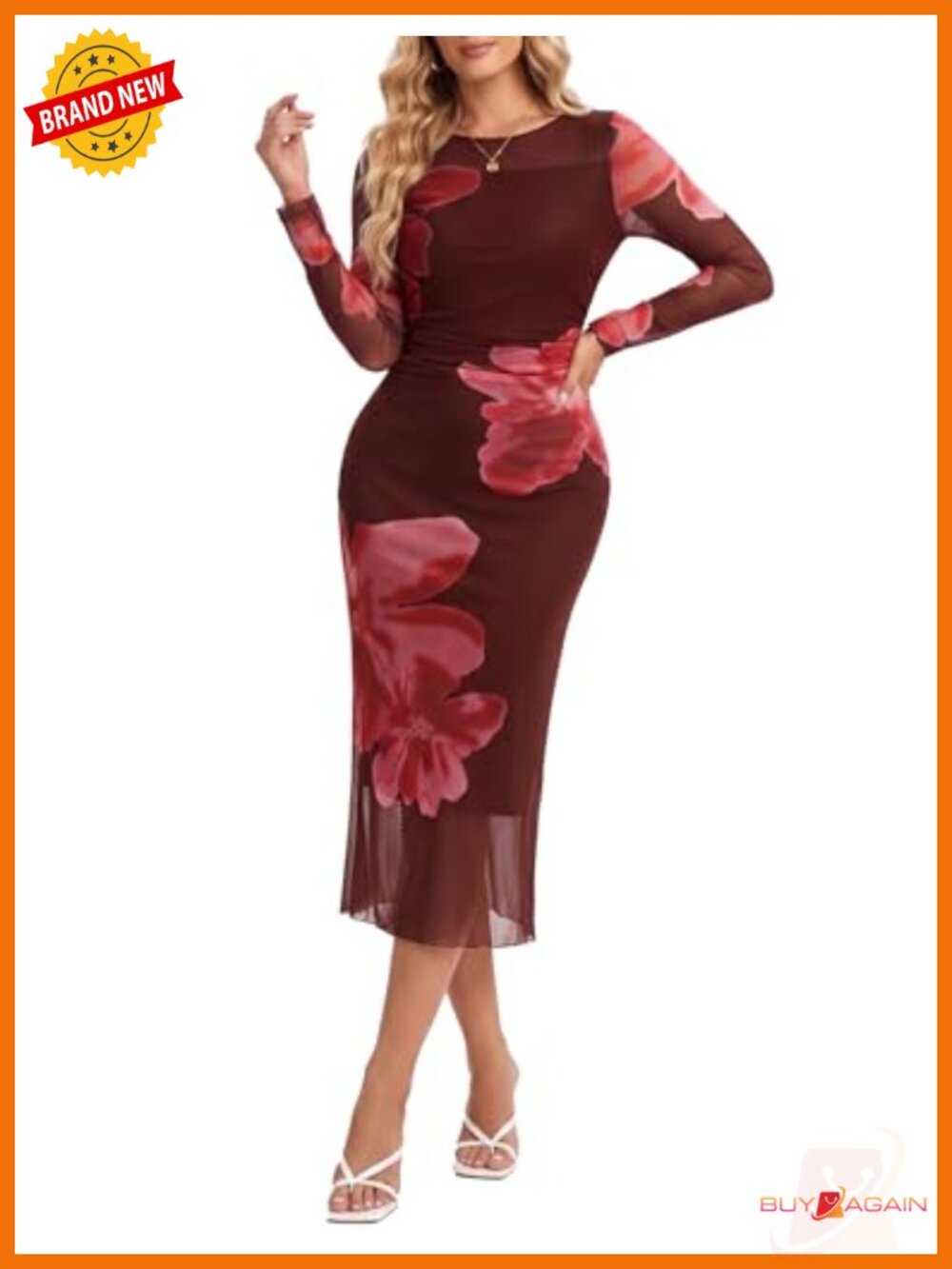Women Floral Mesh Long Sleeve Ruched Bodycon Maxi Dress